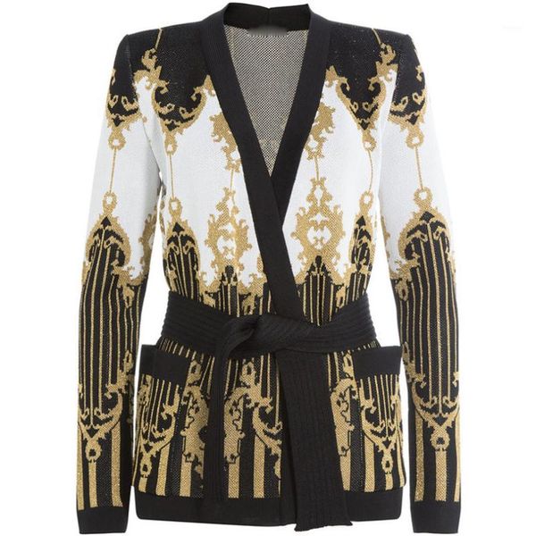 

2017 paris fashion designer jacket women's tie belt gold thread knitting cardigan outer sweater jacket1, White;black