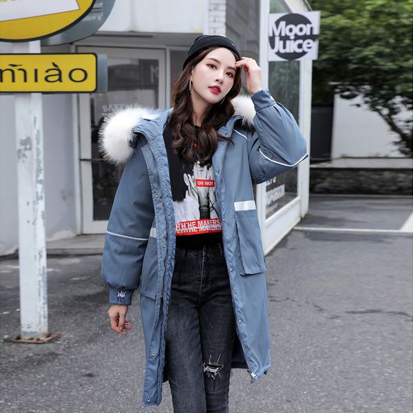 

women thicken warm big fur collar hooded parkas women's winter down jackets embroidery long padded coat outwear, Black