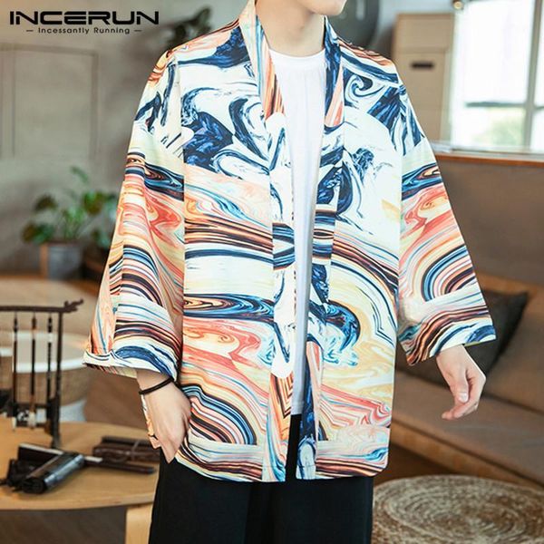 

men's casual shirts incerun printed men shirt 3/4 sleeve open stitch cardigan 2021 streetwear japanese kimono harajuku vintage mens 3x, White;black