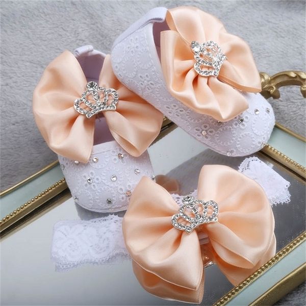 

dollbling desgined toddler apricot flower bow diamond crown jewelry girl baby shoes headband y201028