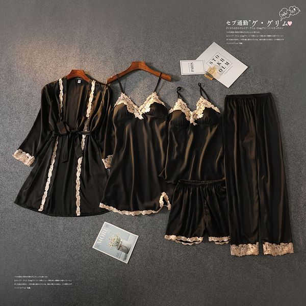 

2021 new summer women's short robe set with lace solid female nightgowns nightdress style slim silk pijamas sets anlc, Black;red