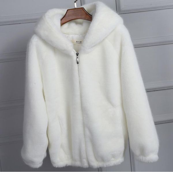

european and american autumn and winter loose new wild plush thick hooded ladies imitation mink short fur coat, Black