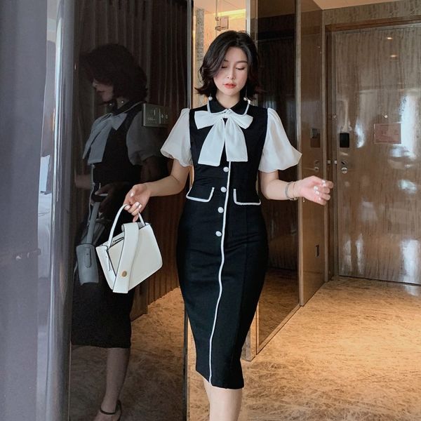 

2021 new dressed elegant evening dress short sleeves bow fitting lantern vintage skirt fashionable woman in wa3z, Black;gray