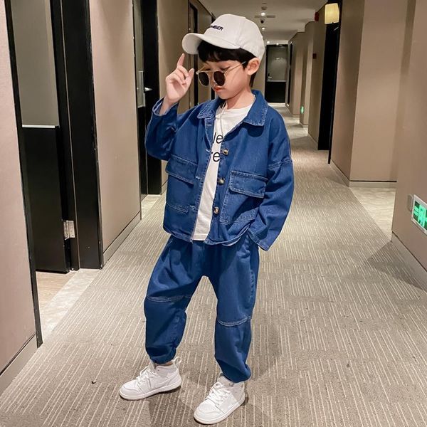 

boys and girls denim set solid turn-down collar full sleeve 3-15 years old kids clothes spring and autumn children suit 2 pieces, White
