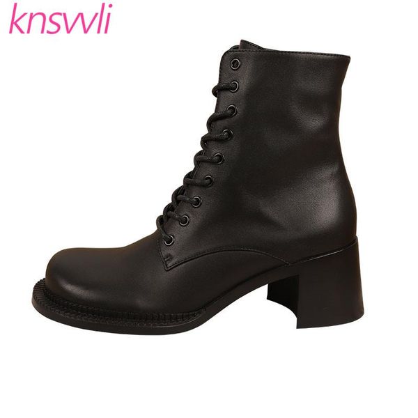

big round toe ankle boots women genuine leather lace up rome women shoes chunky high heels short boots woman botas mujer, Black