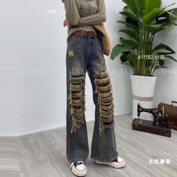 

2020 nostalgic retro casual ripped high waist casual hole wide leg pants trend modis streetwear trousers for women, Blue