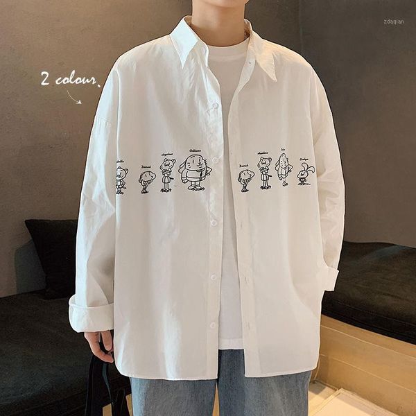 

men's long-sleeved shirt 2020 autumn and winter new long-sleeved solid color printed shirt young personality fashion trend men's1, White;black