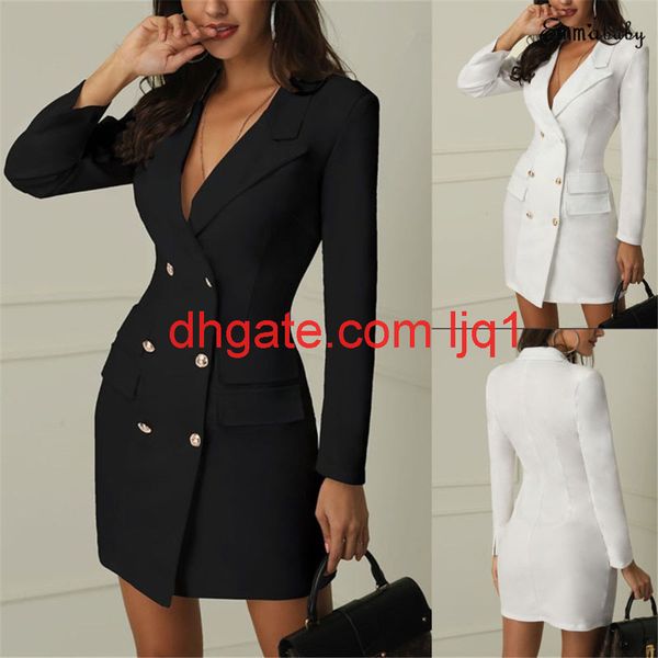 

new fashion womens double breasted pocket suit blazer spring autumn women long jackets elegant long sleeve blazer outerwear, White;black