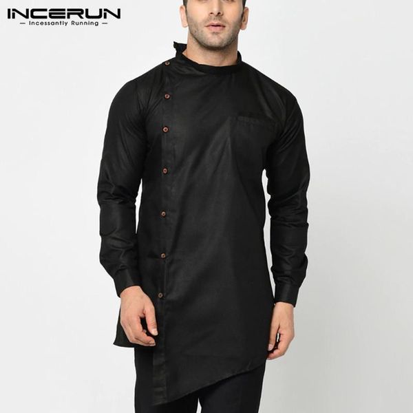 

men irregular shirt clothes 2020 long sleeve solid color button long men stand collar vintage muslim shirts incerun1, White;black