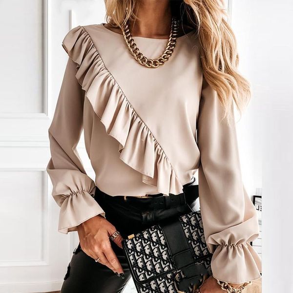 

chic tunic spring ruffles apricot shirts women long sleeve elegant work flounce pleated blouse female blusas, White