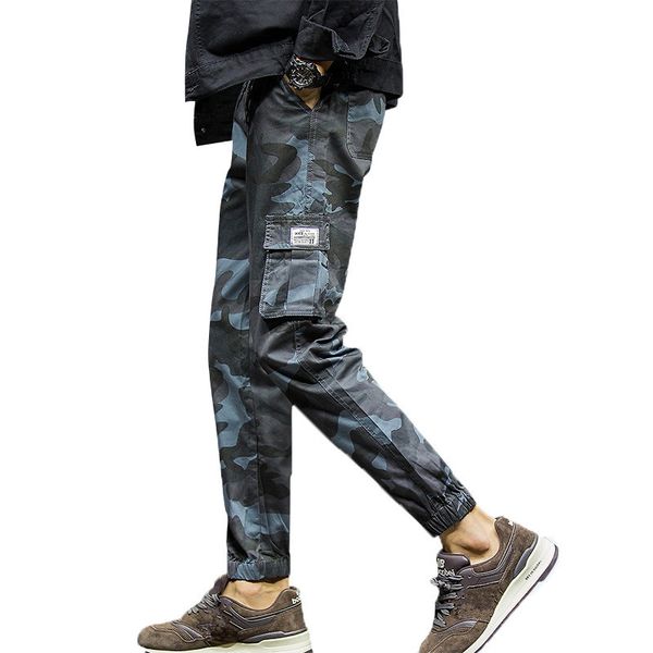 

lncdis mens fashion camouflage nine points casual pants spring autumn midweight full length pants hommes streetwear pants plus size, Black