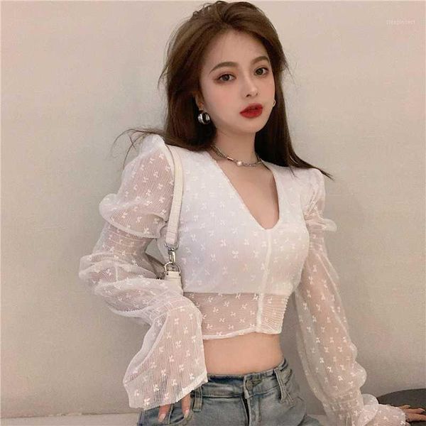 

women blouses 2020 fashion white short long-sleeved autumn female net gauze hollow out v-neck shirt fashion blouse shirt1