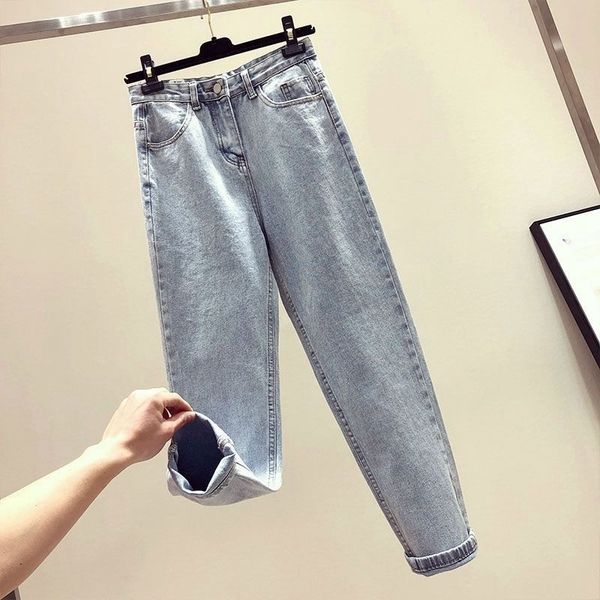

mom high waist harem jeans ankle-length stretch jeans female boyfriend loose casual streetwear women white fashion denim pants 210202, Blue