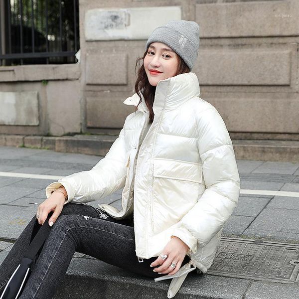 

2020 winter women jacket coats warm thick parkas short glossy down cotton padded waterproof parka pocket stand collar shiny coat1, Black