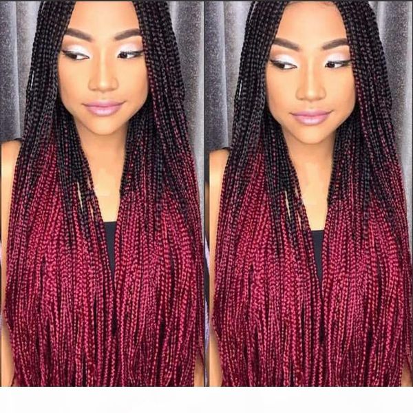

long handmade box braids wig micro braid lace front wig ombre red synthetic braiding hair wig for africa for black women