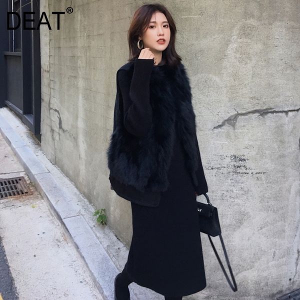 

[deat] winter new pattern wild faux fox fur stitching slim warm vest female sleeveless round collar leisure style at163 201110, Black