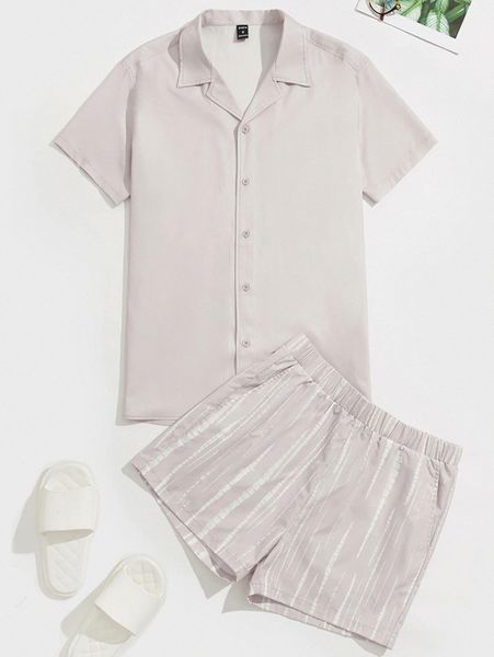 

men button up shirt and striped shorts set w5rw#, Gray