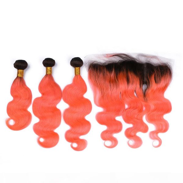 

peruvian ombre orange human hair 3bundles with frontal body wave #1b orange ombre 13x4 lace frontal closure with weaves doublw wefts, Black;brown