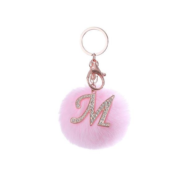 

teh пушистый розовый pompom искусственного меха кролика шарика брелки кристалл letters key rings key holder модные ювелирные изделия сумки а, Slivery;golden