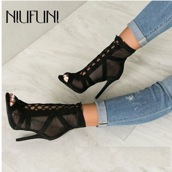 

black peep toe ankle strap sandals boots stiletto high heels women's mesh hollow women cross-tied gladiators shoes sandal 1010
