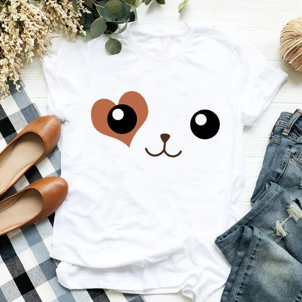 

women t shirt cartoon dog face print tshirt women short sleeve o neck loose t-shirt ladies summer causal tee shirt clothes, White