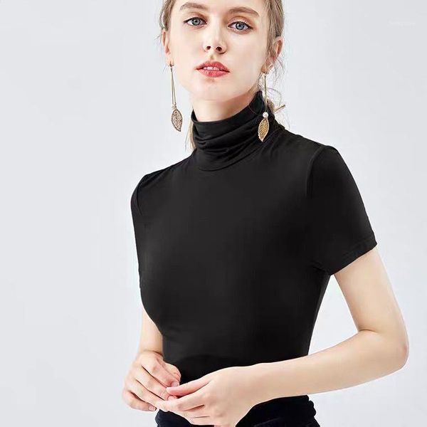 

fashion women slim turtleneck modal cotton knitted short sleeve shirt,black white plus size -8xl slim basic blouse 5xl 6xl1
