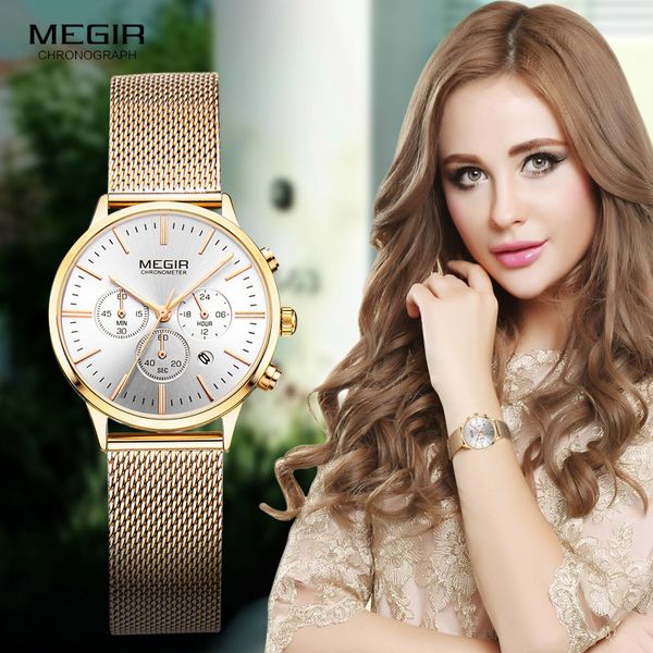 

megir women's chronograph luminous hands date indicator stainless steel mesh strap quartz wrist watches lady rose gold m2011l-1 201123, Slivery;brown