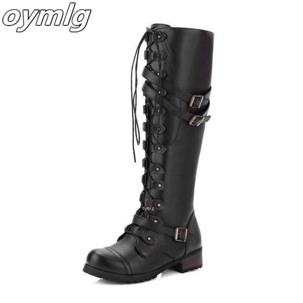 

колено высоких ботинок женщин осень женщина обувь зима lace up vintage flat обувь sexy steampunk кожа ретро пряжка дама snow boots, Black