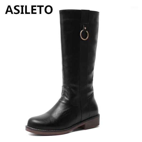 

asileto woman winter warm mid calf boots round toe square heel slip on metal ring platforms large size 34-43 black casual s17661