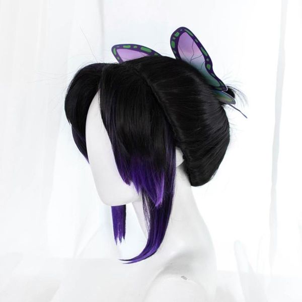 

party masks uwowo demon slayer: kimetsu no yaiba shinobu kocho cosplay wig 23cm short black purple gradient slaying corps
