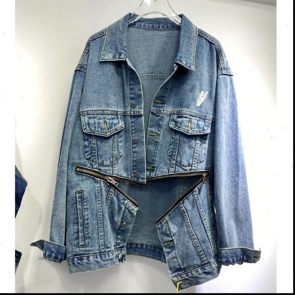 

ewq] 2021 autumn denim women coat blue denim coat zipper jean jacket long sleeve loose casual jean coat irregular, Black;brown