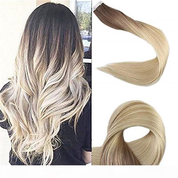 

balayage european brazilian peruvian raw inaian cuticle aligned hair straight tape in human hair virgin human hair extensions 50g 20pcs, Black