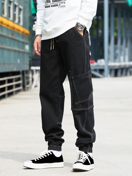 

men stitching patched pocket drawstring waist jogger jeans d8ot#, Blue