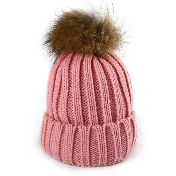 

beanie/skull caps women winter raccoon fur real ball thick warm knit cap ten colors hats, Blue;gray