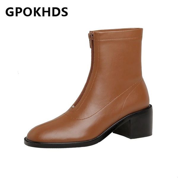

gpokhds 2021 women ankle boots cow leather winter short plush round toe zipper high heels female boots size 40, Black