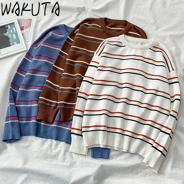 

wakuta 2020 vintage loose striped sweater women japanese fashion ulzzang knitted female pullover casual harajuku for women, White;black
