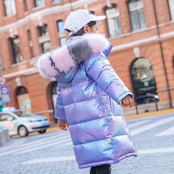 

2020 new winter snowsuit duck down jacket for girls clothes waterproof hooded coat outwear kids parka big fur collar clothing lj201125, Blue;gray