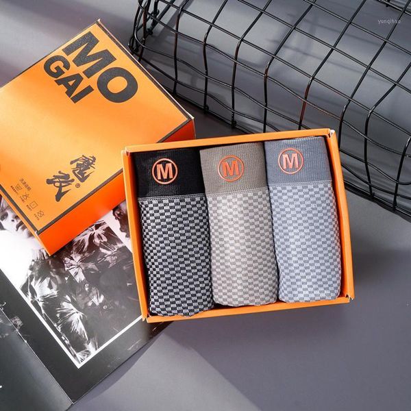 

3 pairs of boxed magic changed men's underwear seamless plaid letter high elastic medium waist boxer underwear1, Black;white