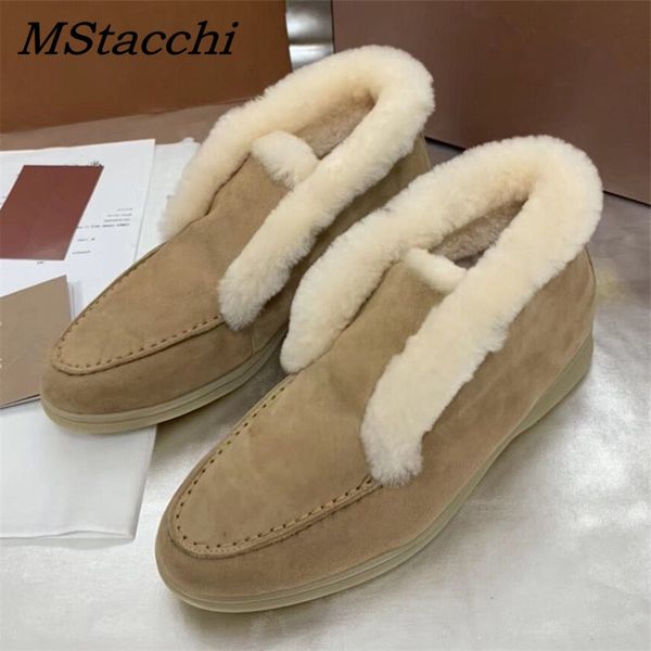 

mstacchi women warm suede ankle boots for women comfortable slip-on flat boots chic ladies real leather woolen snow botas mujer 201031, Black