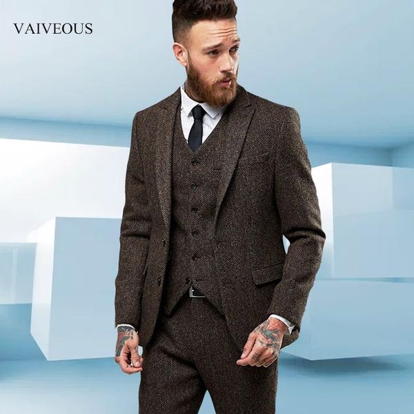 

custom made tweed wool brown herringbone men suit british style modern blazer 3 pieces skinny men suits (jacket+pants+vest) 2021, White;black