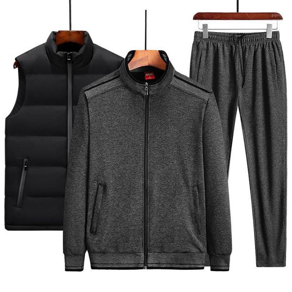 

men's winter sport running set tracksuits casual sportswear sweatshirts mens set 3 pieces warm vest sweatpants jacket plus size1, Gray