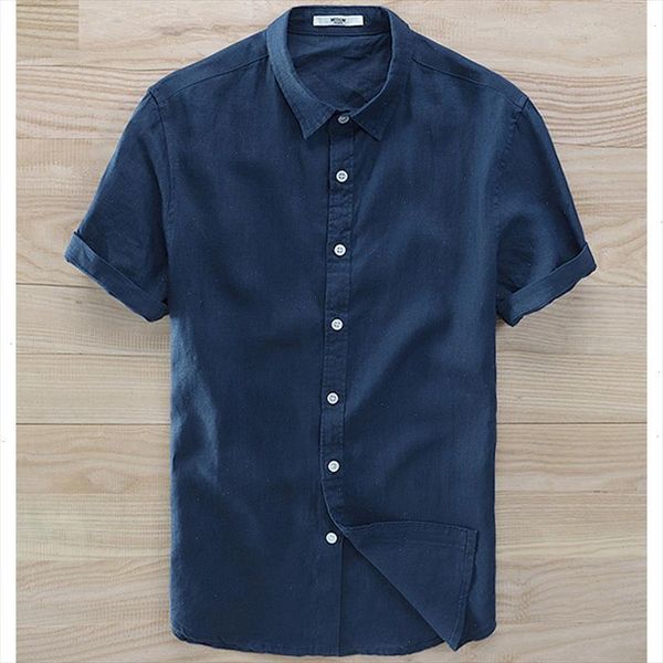 

100% linen 2021 summer mens short sleeve shirts casual mens solid color lapel white linen shirts fashion mens clothing slim, White;black