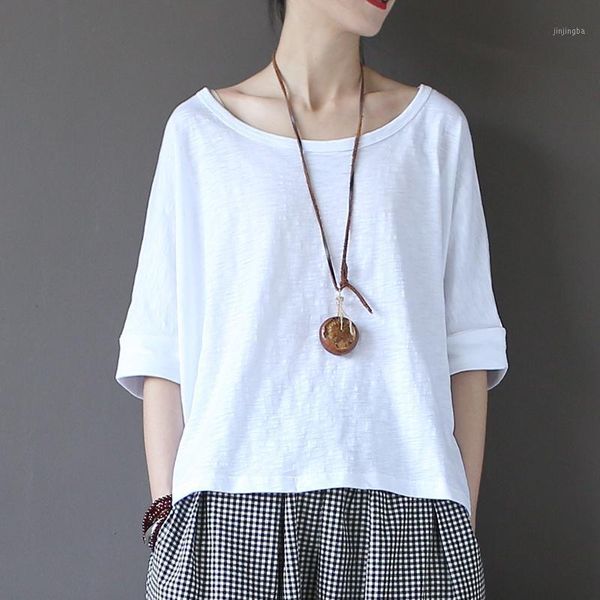 

women art leisure all-match slub cotton loose tees shirts b bat sleeve plus size white t-shirts round neck half sleeve1