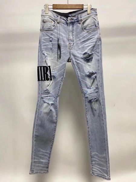 

men logo embroidery distressed skinny blue jeans