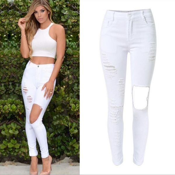 

white jeans women high waist ripped hole jeans denim stretchy skinny pencil pants female trousers, Blue