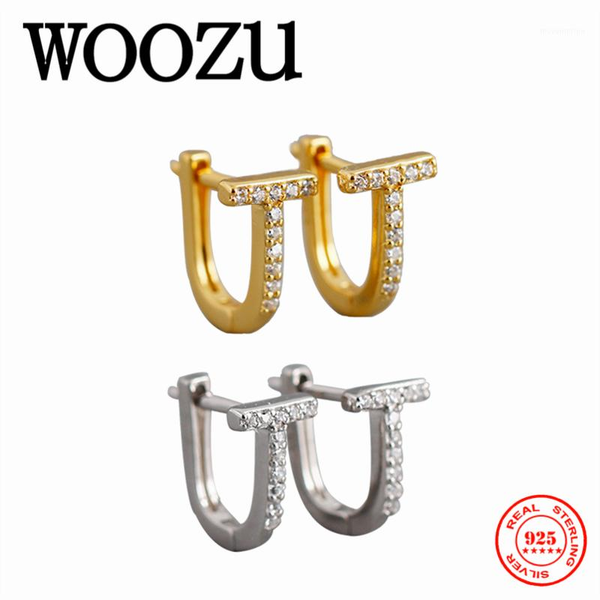 

woozu real 925 sterling silver creative letter t pave zircon ear buckle for women punk men rock hoop earrings jewelry accessory1, Golden;silver
