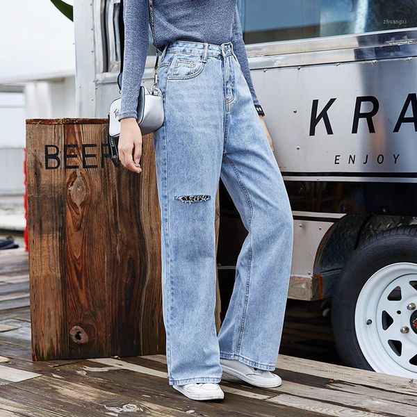 

#3164 autumn high waist boyfriend jeans women with holes korean style full length straight wide leg jeans ladies light blue1, Blue