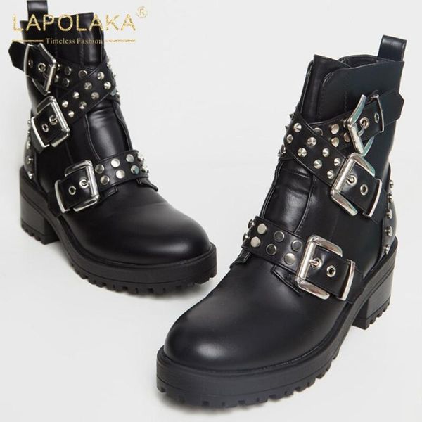 

lapolaka 2020 fashion new non-slip comfy boots woman shoes platform thick heels zipper rivet buckle decoration ankle boots1, Black