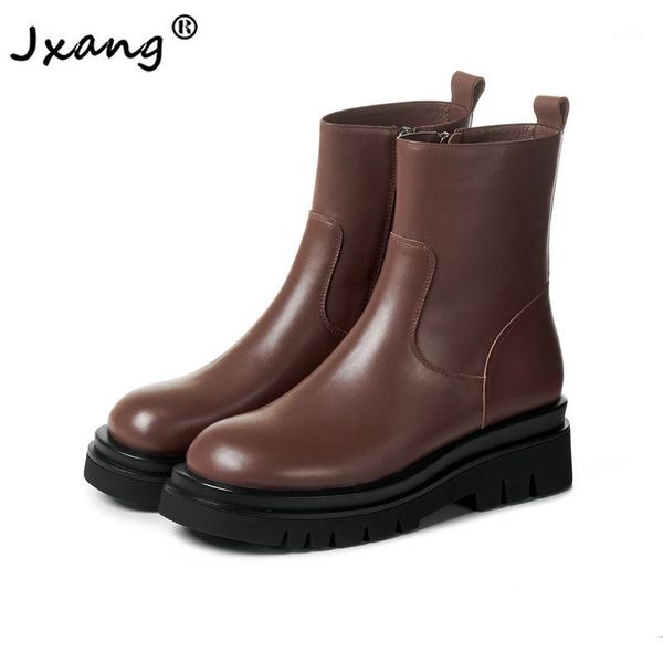 

jxang fashion cowhide women retro ankle boots woman thick bottom girls knight boots work and casual all-match1, Black