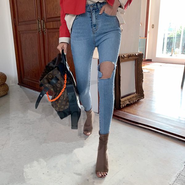 

fall / winter 2019 jeans with holes women's leggings pencil, Blue